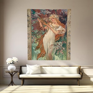 Art Nouveau Lady As Spring By Mucha Tapestry Curtain Tablecloth Bed Cover Home Decor