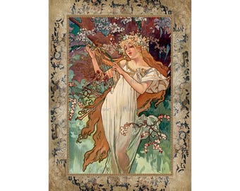 Art nouveau Lady As Spring par Mucha, image ancienne, échantillon de tissu en coton, échantillon de courtepointe, panneau de couture appliqué