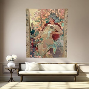 Art Nouveau Lady As Autumn By Mucha Tapestry Curtain Tablecloth Bed Cover Home Decor