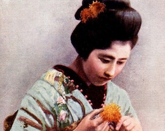 Japanese Lady With Marigolds Original Antique Photo Postcard