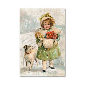 Póster vintage de Navidad victoriana con perro. Impresión en papel.