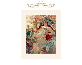Art Nouveau Lady As Autumn By Mucha Vintage Image Poster Print