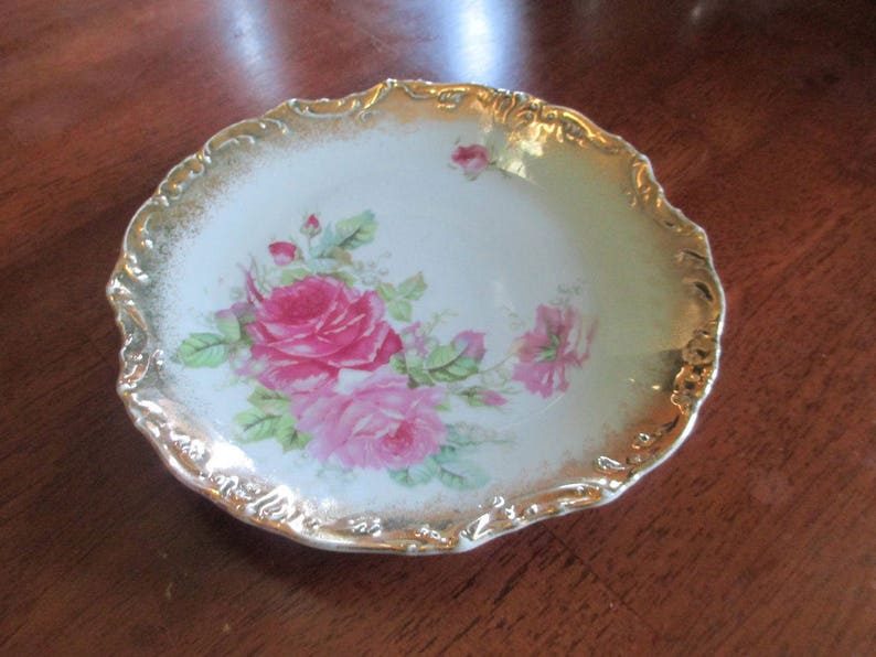 Rich Vintage German Porcelain Roses And Gold Plate
