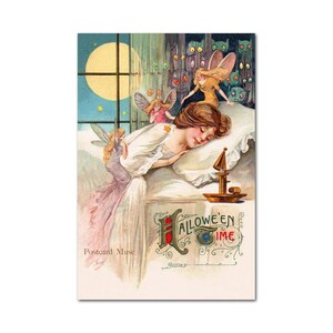 Póster impreso en papel con imagen vintage de "Dama de Halloween con duendes y hadas" de Schmucker