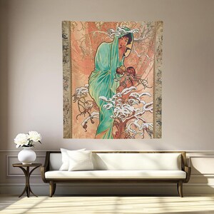 Art Nouveau Lady As Winter By Mucha Tapestry Curtain Tablecloth Bed Cover Home Decor