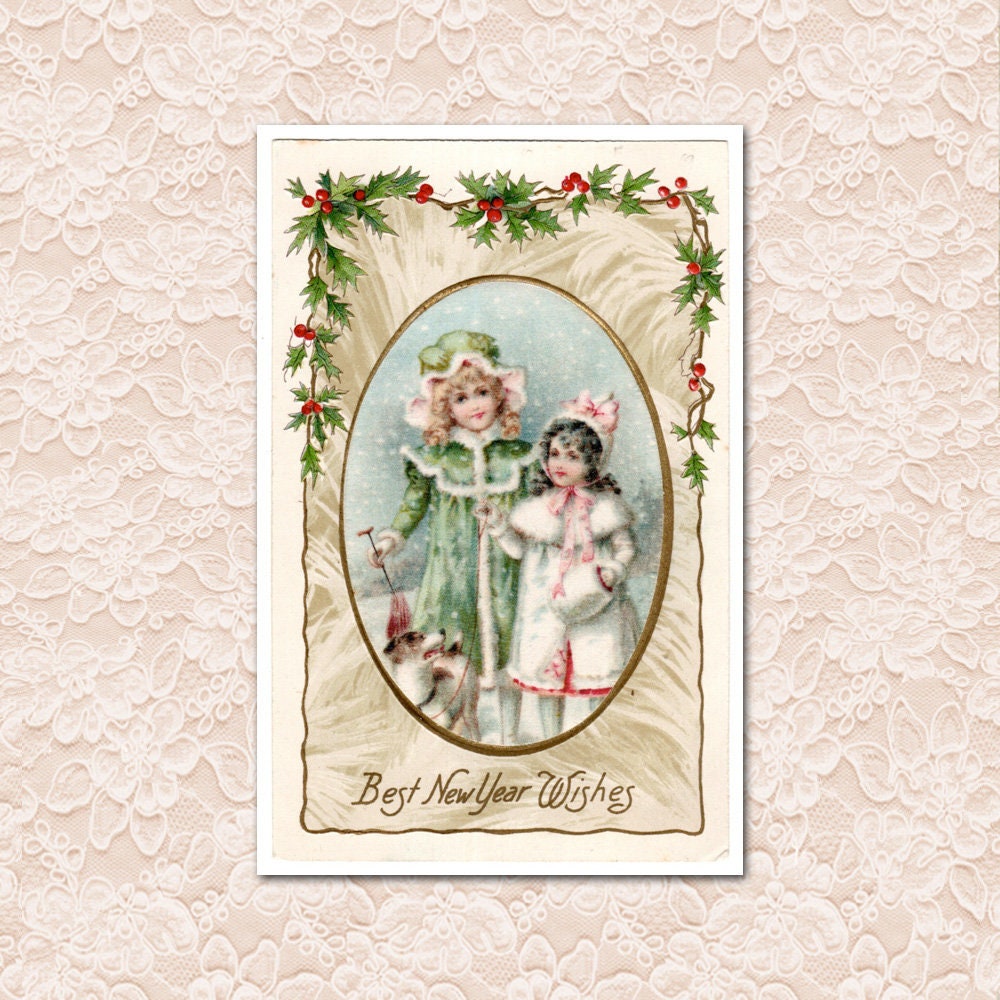 New Year Girls With A Dog in the Snow Original Antique - Etsy