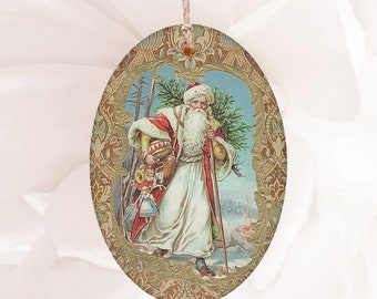 Victorian Red Robe Santa With A Christmas Tree Hanging Wood Ornament Magnet