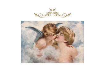 Lady Kissed By A Cherub Vintage Image Poster Print