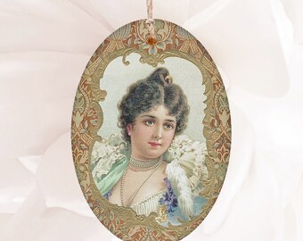 Victorian Lady Hanging Wood Christmas Ornament Magnet