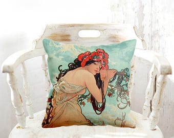 Art Nouveau Lady As Summer By Mucha Vintage Image Double Sided Custom Square Pillow