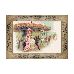 Victorian Carousel Horse Lady Antique Image Cotton Fabric Sample Quilt Block Panel Sewing Applique