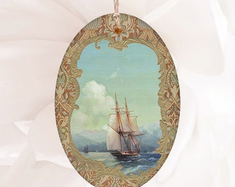 Antique Seascape With A Ship By Aivazovsky Hanging Wood  Ornament Magnet