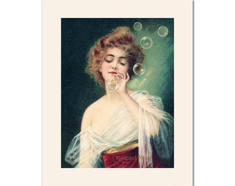 La dame aux bulles de savon, image ancienne, impression d&#39;affiche