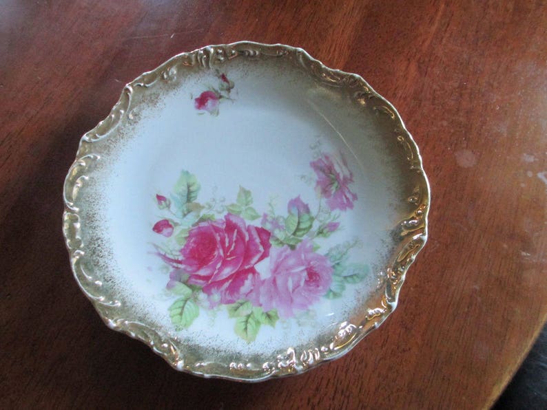 Rich Vintage German Porcelain Roses And Gold Plate