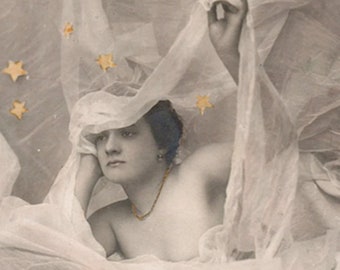 Fantasy Lady With A Veil And Stars Original Antique Photo Postcard