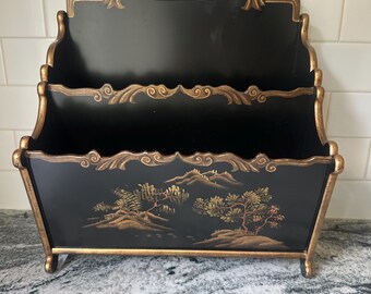 Vintage Black Chinoiserie Magazine Rack | Hollywood Regency Magazine Holder | Black & Gold Letter Organizer | Traditional Home Decor