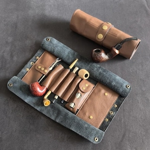 Leather Tobacco smoking Pipe  Pouch,Handmade Pipe Roll | Travel Pipe Case Bag for 2/3 Pipes and Other Accessories | Lychee Grain Organizer