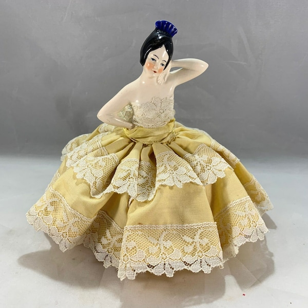 Beautiful 1930s German China Half Doll with Pin Cushion Skirt--Spanish Senorita