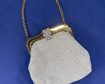Vintage 1930s Whiting & Davis White Mesh Purse with Rhinestone Clasp
