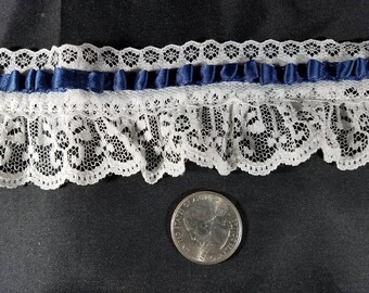 White Ruffled Lace Trim with Navy Ribbon 1 3/4" Wide, 2 Yards Long