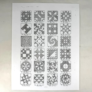 May include: A printed page featuring a grid of 24 grayscale quilt block patterns. Each block is a unique geometric design, with sizes ranging from 9 to 13 inches. The page includes titles and size information for each block, offering a vintage aesthetic.