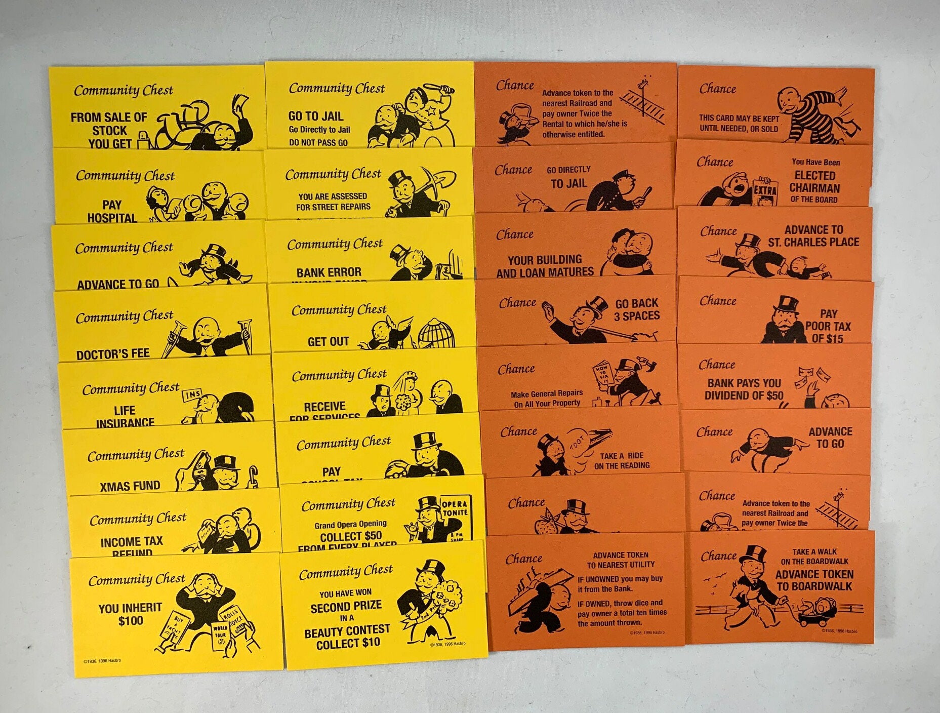 Monopoly CHANCE And COMMUNITY CHEST Board 32 Game Cards Replacement SET