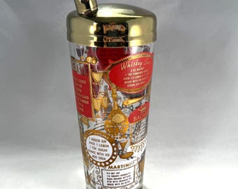 Large Vintage Mid Century Glass Cocktail Shaker--Red and Gold Recipes