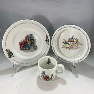 Vintage Wedgwood Three Piece Peter Rabbit Child&#39;s Dinnerware Set--Cup, Porringer, 8&quot; Plate