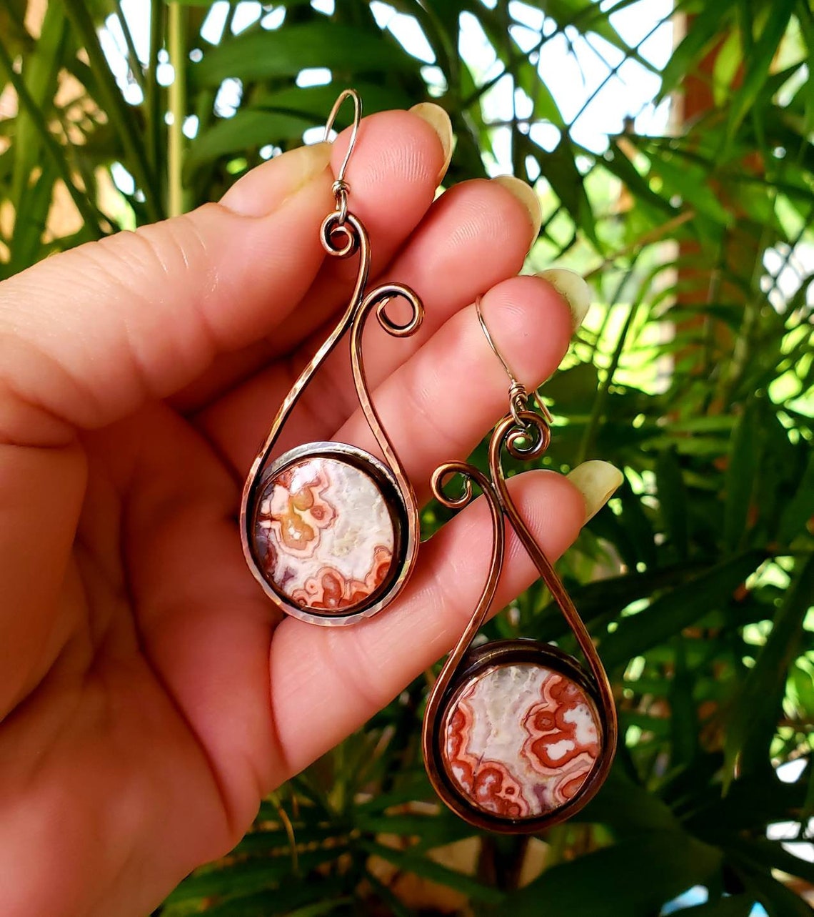 Long Dangle Drop Earrings Copper Earrings With Crazy Lace Etsy