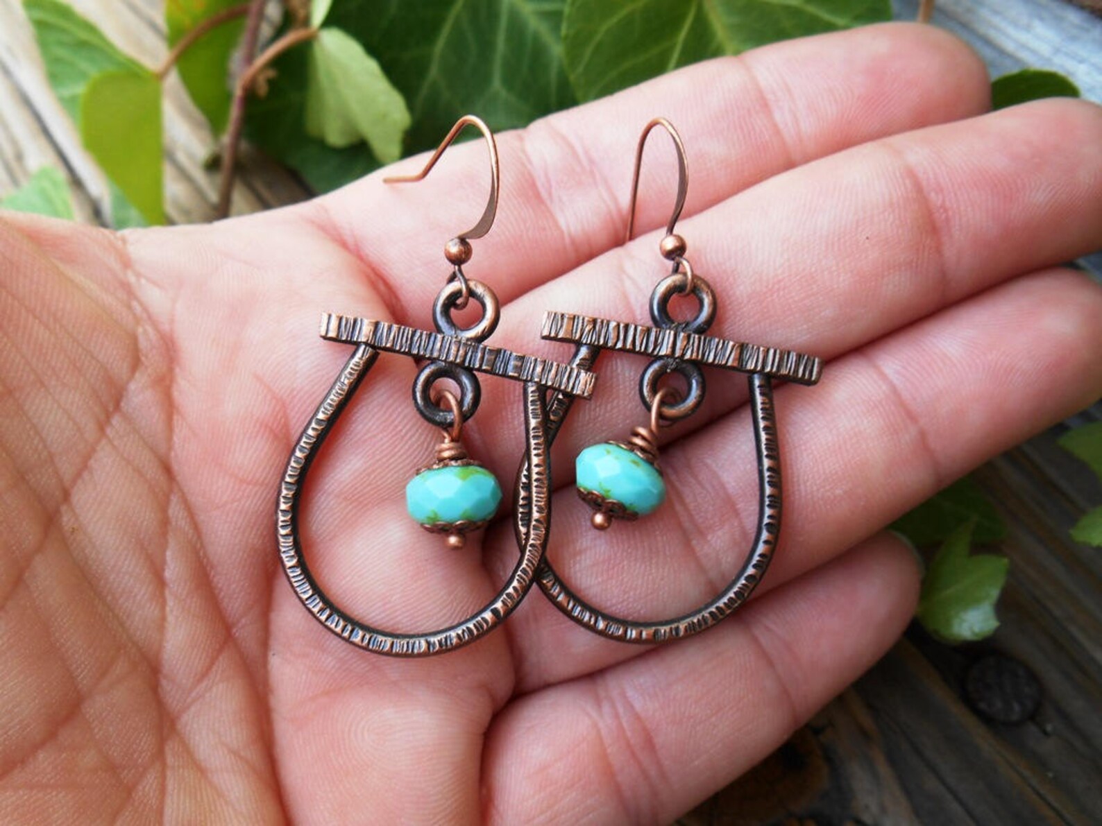 Handmade Copper Earrings With Turquoise Color Dangle Dangle Etsy