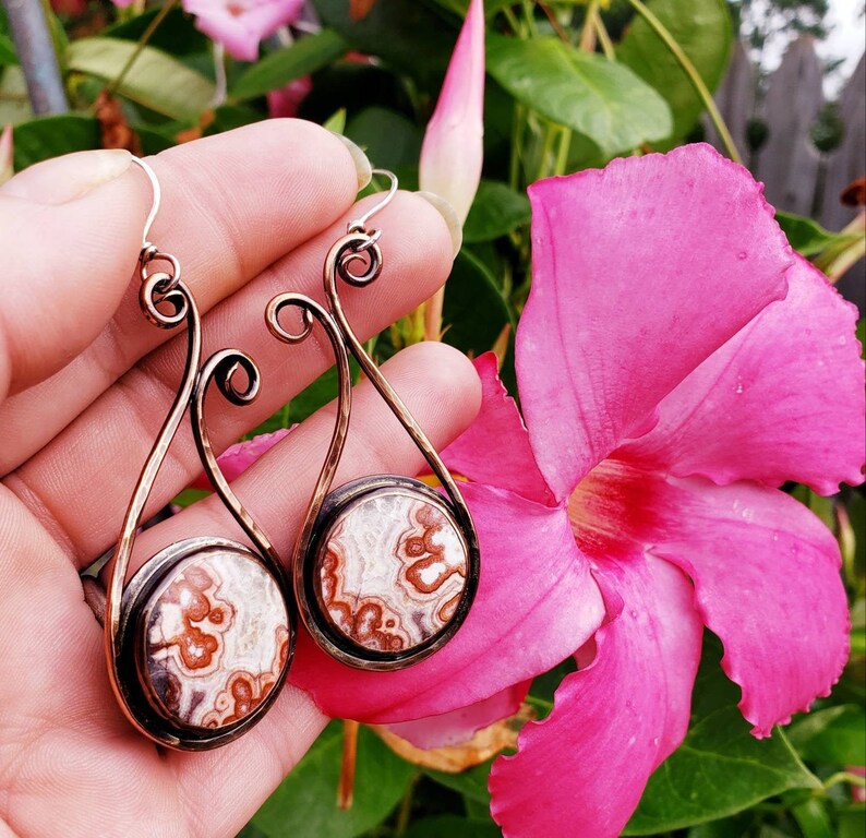 Long Dangle Drop Earrings Copper Earrings With Crazy Lace Etsy