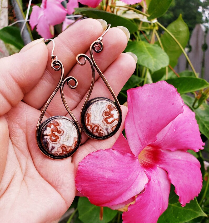 Long Dangle Drop Earrings Copper Earrings With Crazy Lace Etsy
