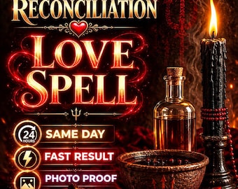 Puede incluir: Un gráfico digital con el texto Regret and Reconciliation Love Spell, 24 Hours Same Day, Fast Result y Photo Proof. La imagen incluye una vela negra encendida, una botella de vidrio, un cuenco oscuro con un símbolo de tridente y chiles rojos.