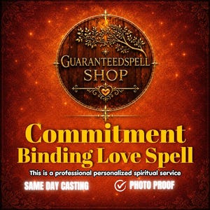 Op de afbeelding: Een rond houten logo voor Guaranteedspell Shop met een gouden tak en een hartsymbool. Daaronder staat de tekst Commitment Binding Love Spell, This is a professional personalized spiritual service, SAME DAY CASTING en PHOTO PROOF.