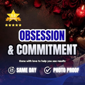 Puede incluir: Un gráfico promocional con el texto OBSESSION & COMMITMENT en letras blancas y azules en negrita. Incluye un icono de estrella de calificación 5.0, el texto Done with love to help you see results, 24 HOURS SAME DAY y una marca con PHOTO PROOF.
