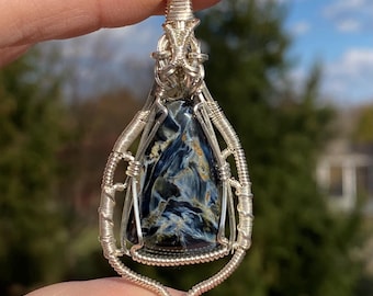 Blue Pietersite Pendant, Wire Wrapped Pendant, Sterling Silver Jewelry
