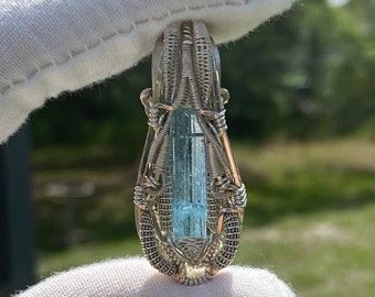 Aquamarine Pendant, Wire Wrapped Pendant Wearable Art, Handmade jewelry, Heady Wire Wrapped Pendant