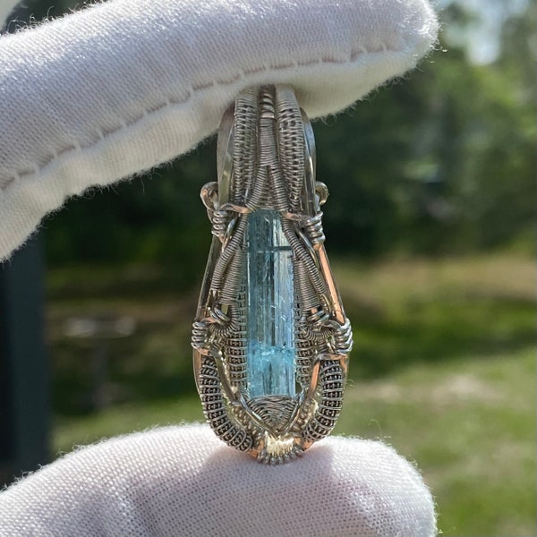 Aquamarine Pendant, Wire Wrapped Pendant Wearable Art, Handmade jewelry, Heady Wire Wrapped Pendant