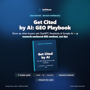 May include: A digital 2026 edition playbook titled Get Cited by AI: GEO Playbook, featuring a dark blue cover with white text. The guide includes 8 chapters, research-anchored methods, and audit-to-measure strategies for AI search optimization.
