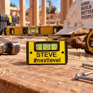 May include: A small yellow spirit level featuring a central bubble vial and black text that reads STEVE #nextlevel. The tool is rectangular with black end caps and is positioned on a wooden surface alongside various construction equipment.