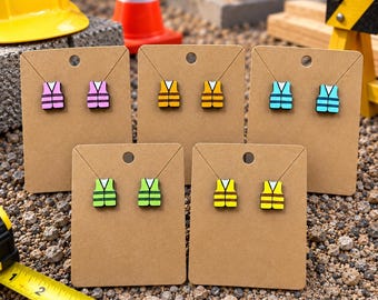 Pendientes de botón con diseño de chaleco reflectante / Joyería para ropa de trabajo de construcción / Regalo para trabajadores de la construcción