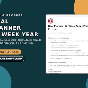 May include: A digital Notion template for a 12-week goal planner titled Plan & Prosper. The interface features a target icon, a step-by-step guide on running a 12-week year, a method in 60 seconds section, and lists for goals and weekly actions.