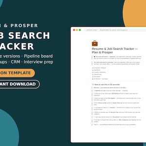 Sollicitatiesjabloon voor Notion, sollicitatietracker en cv-organizer met dashboard voor interviewvoorbereiding | Plan & Prosper