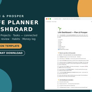 May include: A digital life planner dashboard Notion template featuring a dark teal background with orange circles. The text reads Plan & Prosper Life Planner Dashboard, Goals, Projects, Tasks, Weekly review, Habits, Money log, and Instant Download.