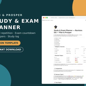 May include: A digital Study & Exam Planner Notion template featuring a dark teal background with white text. The interface displays a structured dashboard for tracking subjects, courses, revision topics, assignments, and past papers with a clean layout.