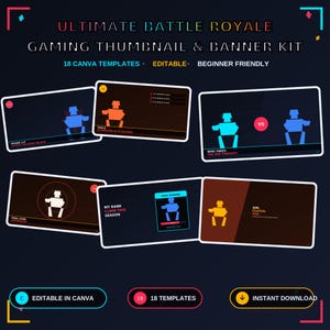 以下が含まれることがあります： ゲームのサムネイルやバナー用の18種類のCanvaテンプレートを含むデジタルグラフィックデザインキット。ブロック状のキャラクターフィギュア、Ultimate Battle Royaleなどのテキストオーバーレイ、UI要素を備えたダークテーマのレイアウトが複数表示されています。