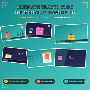 May include: A digital kit featuring 18 editable Canva templates for travel vlog thumbnails and banners. The design includes various rectangular layouts with illustrations of smiling suitcases, travel-themed text, and icons on a teal background.