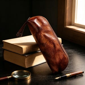 May include: A brown leather pencil case with a textured, distressed finish and a curved zipper closure. The case features two thin leather pull tabs attached to the metal zipper. The surface of the leather shows natural grain patterns and creases.