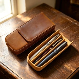 Vintage pennlåda i äkta läder, magnetisk stängning med 3 fack för reservoarpennor, bärbar brevpapperspåse med presentkort