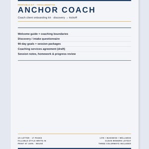Coach Client Onboarding Kit Printable | Discovery Intake Goals Packages Session Notes Agreement | Anchor Coach